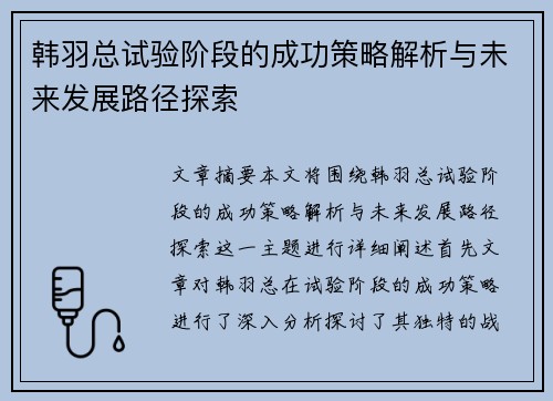 韩羽总试验阶段的成功策略解析与未来发展路径探索