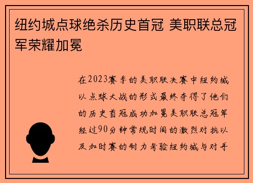 纽约城点球绝杀历史首冠 美职联总冠军荣耀加冕