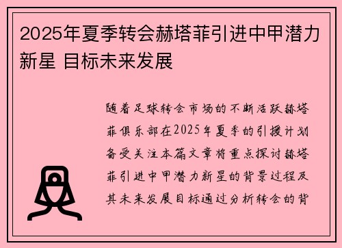 2025年夏季转会赫塔菲引进中甲潜力新星 目标未来发展