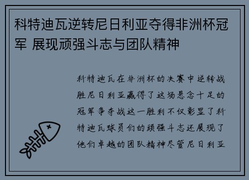 科特迪瓦逆转尼日利亚夺得非洲杯冠军 展现顽强斗志与团队精神